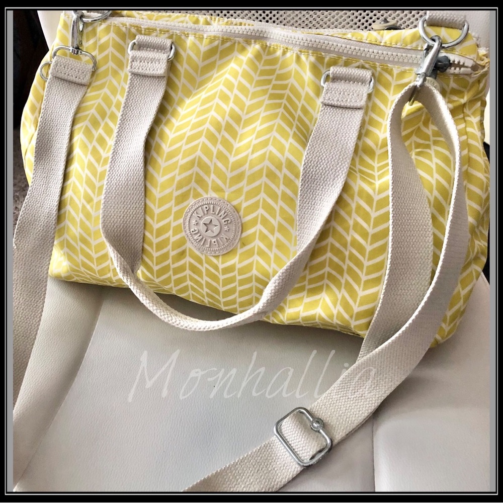 Kipling Yellow Chevron Leaf Print Crossbody Tote Diaper Bag Purse